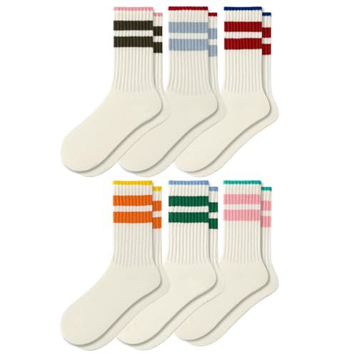 Fszsaa Fun Novelty Retro Striped Crew Socks for Women Sporty Calf Casual Cotton Tube Socks Women, 6pack-Funny Striped Crew Socks-H, One Size