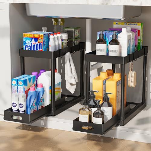 Pougny 2 Pack Pull-Out Storage Organizers, Under Sink Organizer and Storage for Bathroom &amp;amp; Kitchen,multi-Purpose Under Cabinet Organizers and Storage Black