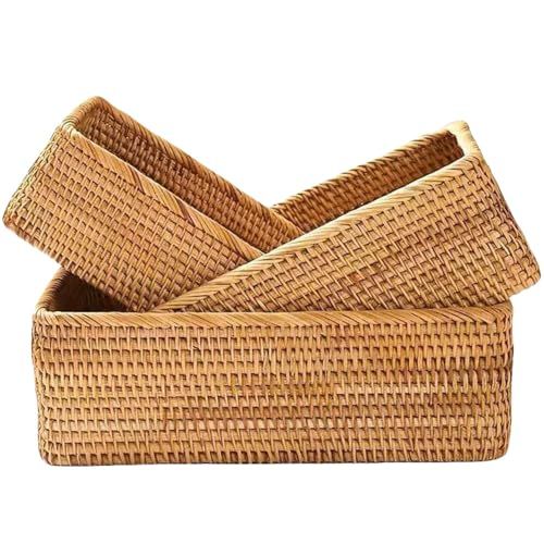Rattan Storage Baskets, Wicker Baskets for Organizing, Hand Woven Decorative Box for Kitchen Counter, Living Room, Bathroom, Set of 3 (rectangular)