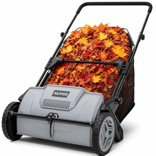 Dapper Supply 21" Push Lawn Sweeper (also 22" &amp;amp; 26"), Leaf &amp;amp; Grass Collector, 3.5 Cu Ft Non-Woven Bag, Tool-Free Height Adjust, Folds for Wall Storage