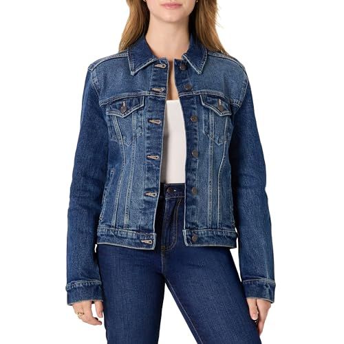 Amazon Essentials Women's Regular-Fit Low Stretch Denim Button-Front Trucker Jacket, Stone Dark Wash, S