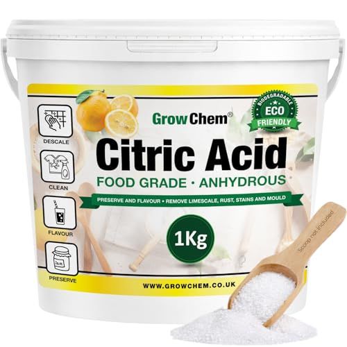 Grow Chem Citric Acid (1kg Bucket) &amp;ndash; Pure Anhydrous, Food Grade Citric Acid for Cleaning, Descaling, Food Preservation, Flavouring and Making Bath Bombs.