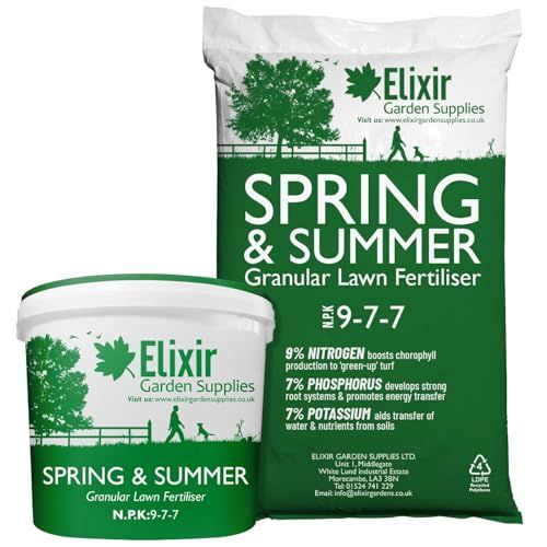 Elixir Gardens Spring &amp;amp; Summer 9-7-7 | Treats 142 Sq.m | Granular Lawn Fertiliser/turf &amp;amp; Grass Feed/food | 5kg Bag