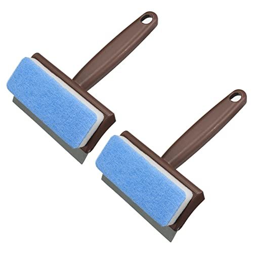 Sourcing Map Shower Squeegee Cleaning Tool With 2 in 1 Rubber &amp;amp; Sponge Head for Window, Glass, Bathroom Mirror, Marble Wall, Brown Handle, Pack of 2