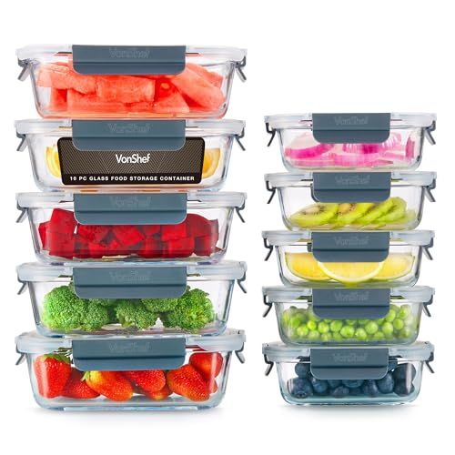 Vonshef Glass Containers With Lids - 10 Piece Meal Prep Food Lunch Boxes 1l and 370ml Capacities, Oven and Dishwasher Safe, Airtight Leakproof Seal Great for Batch Cooking