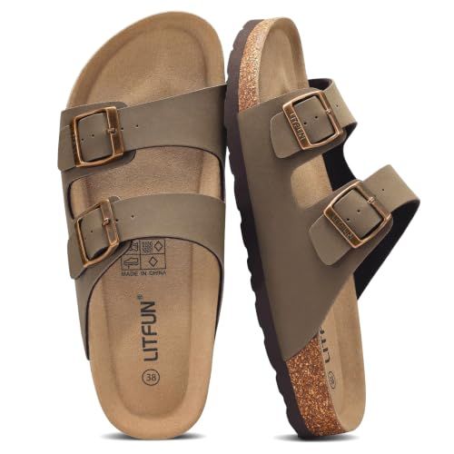 Litfun Women's Cork Footbed Sandal Summer Slip on Slide Sandals With Adjustable Buckle, Taupe 37