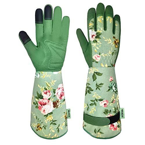 Wanchi Gardening Gloves, Durable and Comfortable Women&#039;s Long Garden Gloves for Gardening Work and Yard Work, Leather Gardening Gloves for Women, Green Print (medium)