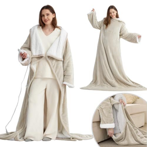 Bedsure Wearable Heated Blanket Throw - Electric, 127 X 180 Cm, Beige | Preheat Function, Electric Robe Throw, Gift for Women and Men, 6 Heat/6 Timer (up to 10h) Settings, 8h Auto Shut Off, Etl/fcc