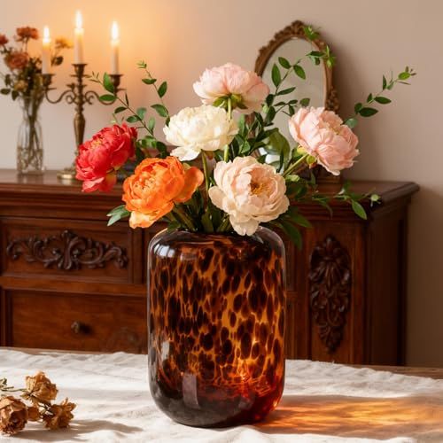 Amber Brown Glass Vase &amp;ndash; Round Art Glass Vase With Tortoise Shell Pattern, Hand Blown Wide Mouth Decorative Centerpiece for Living Room, Dining Table or Entryway Home Decor