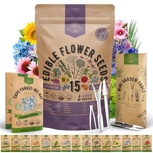 Organo Republic 15 Edible Flower Seeds Variety Pack- Indoor/outdoor. 4800+ Non-Gmo Heirloom Flower: Borage, Bishop's Flower, Chicory, Chives, Hyssop, Echinacea, Lavender Seeds &amp;amp; More