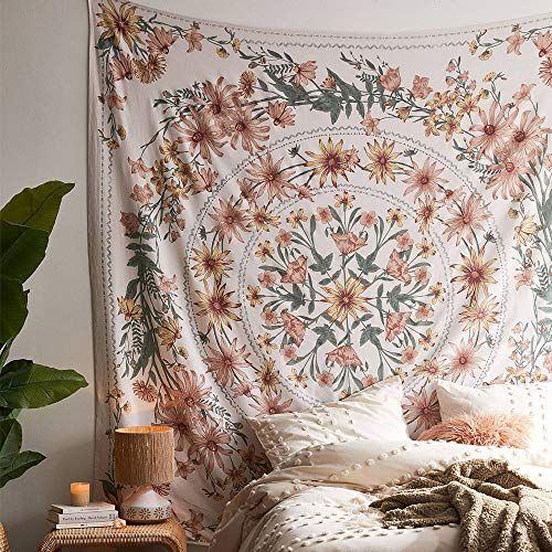 D&amp;Eacute;coco Beige Bohemian Tapestry Wall Hanging, Mandala Flower Medallion Hippie Tapestry With White Aesthetic Wreath Design, Psychedelic Hippie Wall Decoration Ceiling for Bedroom Dorm 150 X 170 Cm