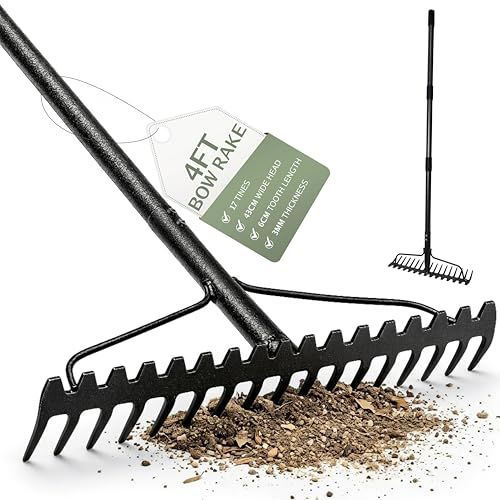 Pelle &amp;amp; Sol Heavy Duty Bow Rake 17 Tine Metal Garden Rake With Stainless Steel Handle, Iron Head for Gardening, Yard Work, Soil, Gravel, Lawn Levelling and Landscaping (4ft)