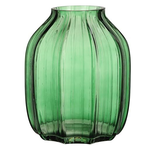 Green Glass Vase for Flowers Bud Tall Glass Vases,h-8.0" Simple Striped Design for Home Floor Decor,farmhouse Decor, Centerpiece Coffee Table Decorations (green 8.0in)