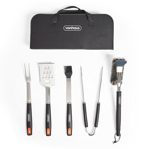 Vonhaus Bbq Tool Set &amp;amp; Storage Case, 5 Piece Barbeque Accessories Kit, Includes Spatula, Fork, Tongs, Basting Brush &amp;amp; Cleaner, Heavy Duty Stainless Steel Bbq Utensil Set for Outdoor Cooking
