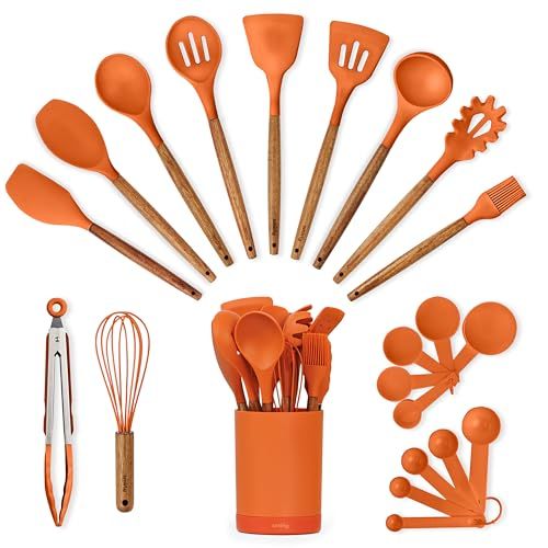 Silicone Kitchen Utensils Set &amp;amp; Holder: Cooking Utensils Set - Kitchen Essentials for New Home &amp;amp; 1st Apartment- Silicone Spatula Set, Cooking Spoons for Nonstick Cookware (acacia Wood, Oange)