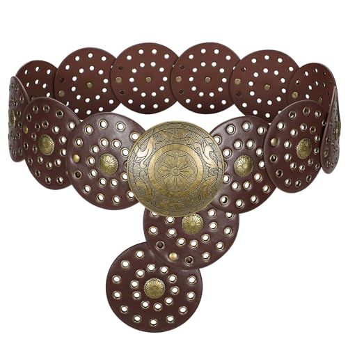Werforu Women's Boho Disc Belt Wide Western Leather Belt Vintage Concho Waist Belts for Dress Jeans