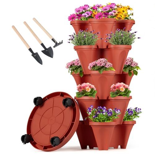 Gamexcel Vertical Planter Tower - 5 Tier Stackable Garden Planters With Wheels and Tools Plant Pots for Strawberry Herb Flower and Vegetable Indoor Outdoor Use Red