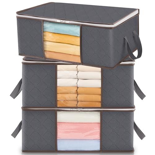 Lifewit 35l Clothes Storage Bags With Clear Window, Foldable Underbed Clothes Covers, Organisers for Clothing, Bedding, Sweaters Protection, 3 Pack, Grey