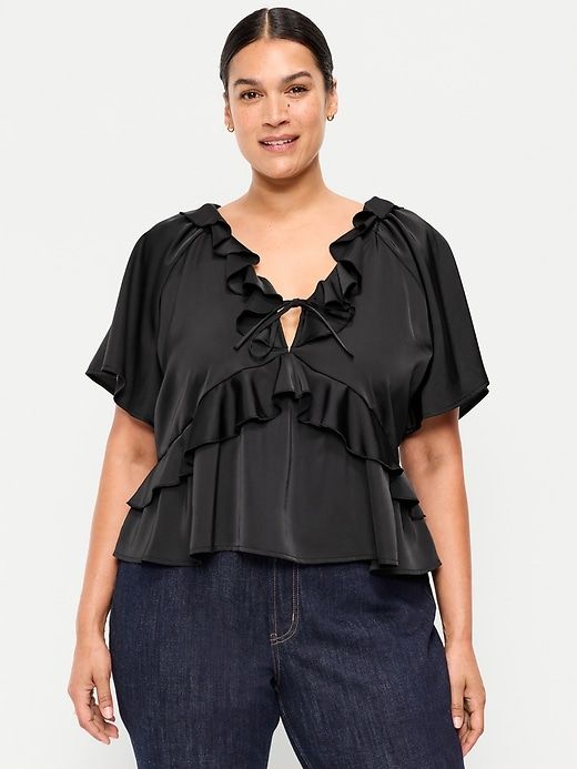 Satin Ruffle Tie-Front Top