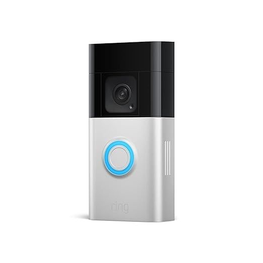 Ring Battery Doorbell Plus. The top half is black, the lower end is silver