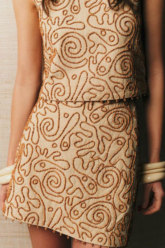 Maliam Skirt - Straw With Contrasting Pearl Ochre Embroidery - Organic Cotton - Organic Textile - S&amp;eacute;zane