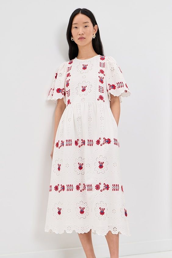 Sea Catharina Embroidered Short Sleeve Midi Dress