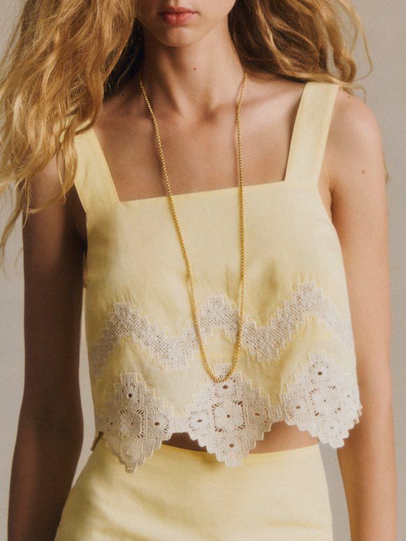 Marga Blouse - Yellow With Ecru Diamond Embroidery - Organic Cotton - S&amp;eacute;zane
