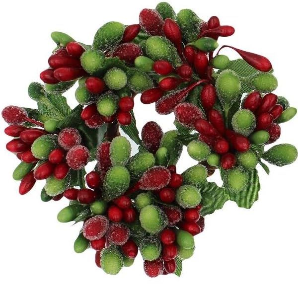 Set of 2 (two) 3-Inch Beaded Berry Wreath Candlering Candle Napkin Ring Christmas Red Green