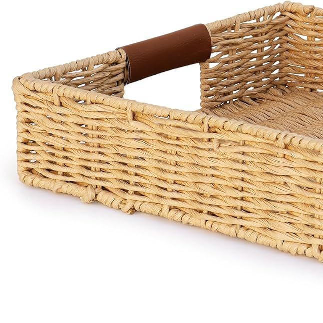 Summit Living Rattan Organizer With Leather Handles &amp;ndash; Decorative Wicker for Home Decor &amp;ndash; Versatile Storage &amp;amp; Serving Solution for Kitchen and Living Room (medium-Rectangle)