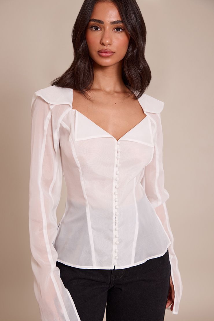 Petite White Button Detail Sheer Long Sleeve Top