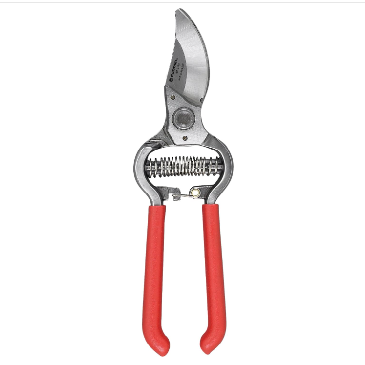 a pair of corona bypass pruners with bright red handles