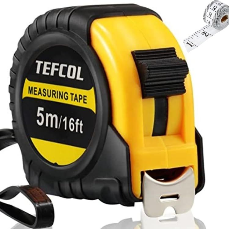 Tefcol Retractable Tape Measure 5m 16ft, Heavy Duty Nylon Coated Measuring Tape, Imperial and Metric Measurement With Metal Belt Clip (black Yellow)