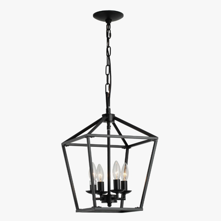 4-Light Lantern Geometric Chandelier in Matte Black