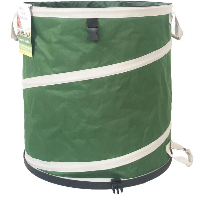a green collapsible trash can for use in the garden