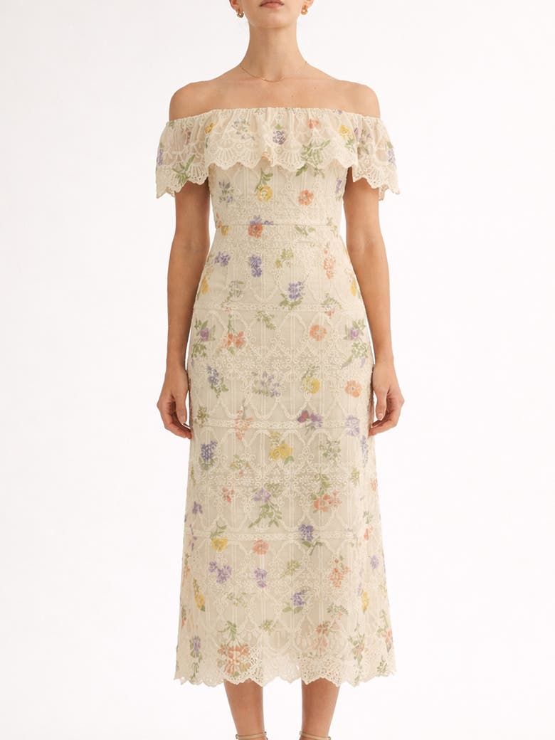 Brinley Embroidered Off the Shoulder Midi Dress
