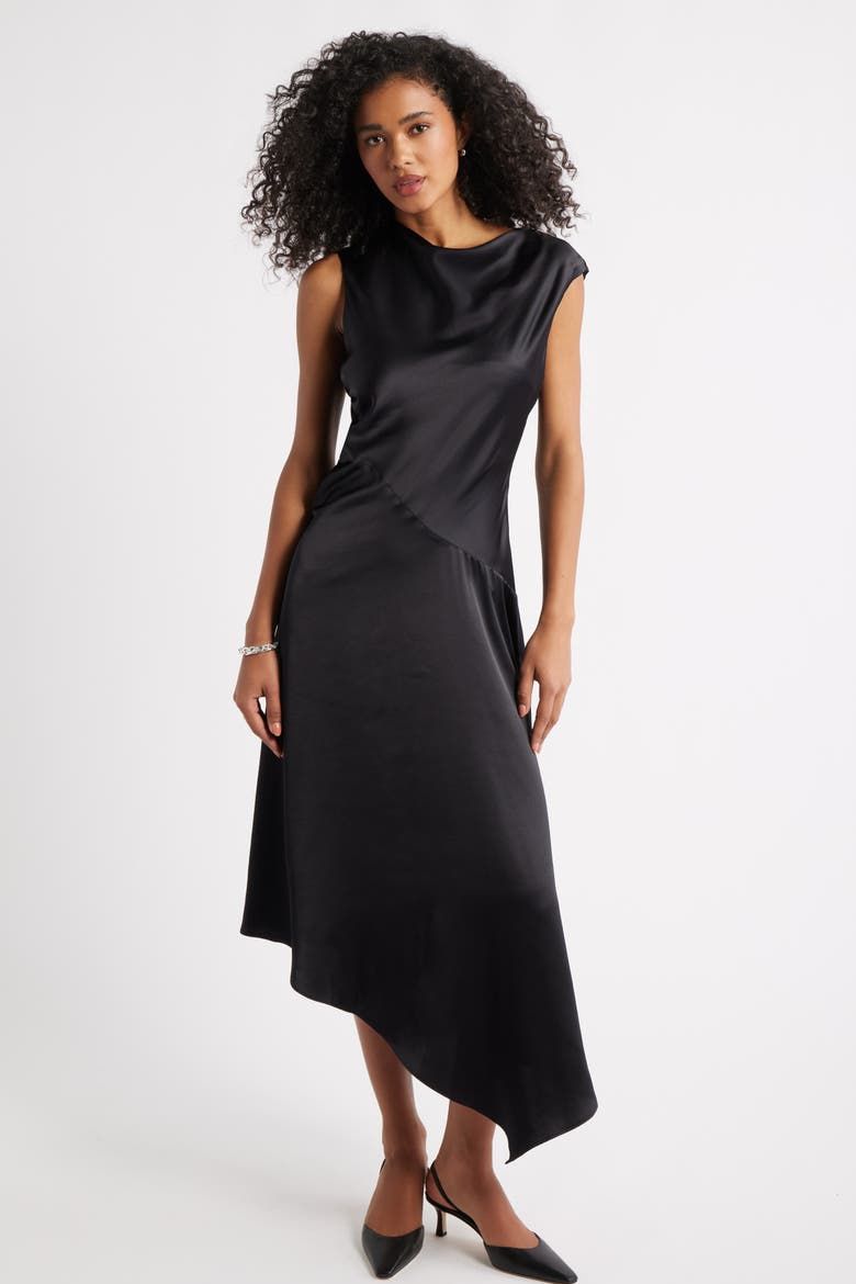Cowl Neck Asymmetric Satin Midi Dress