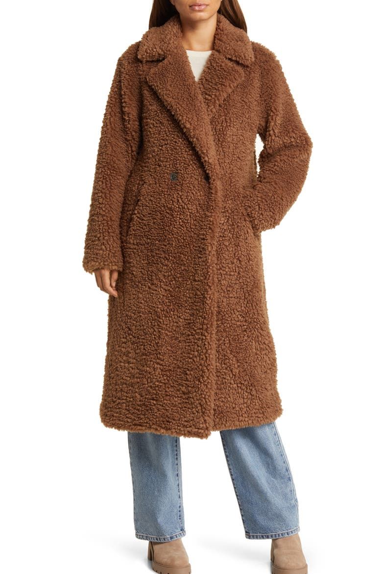 Faux Shearling Double Breasted Longline Coat