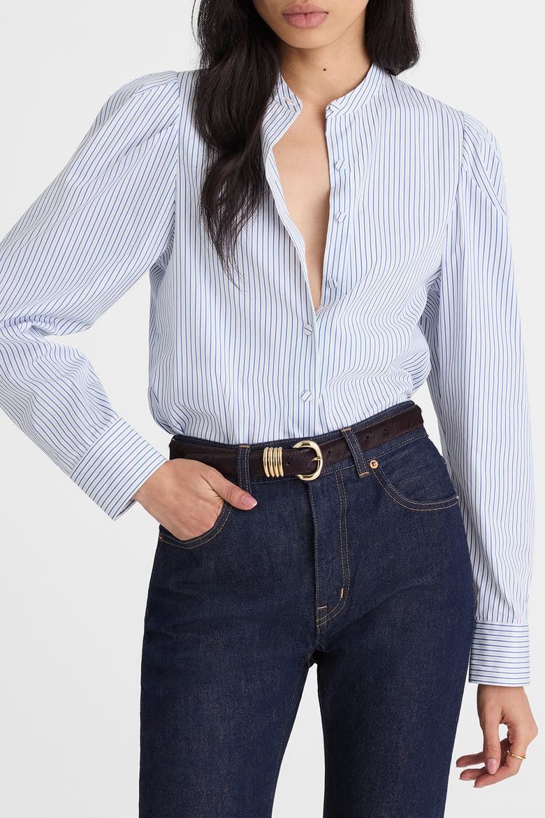 Paulina Stripe Cotton Poplin Band Collar Button-Up Shirt