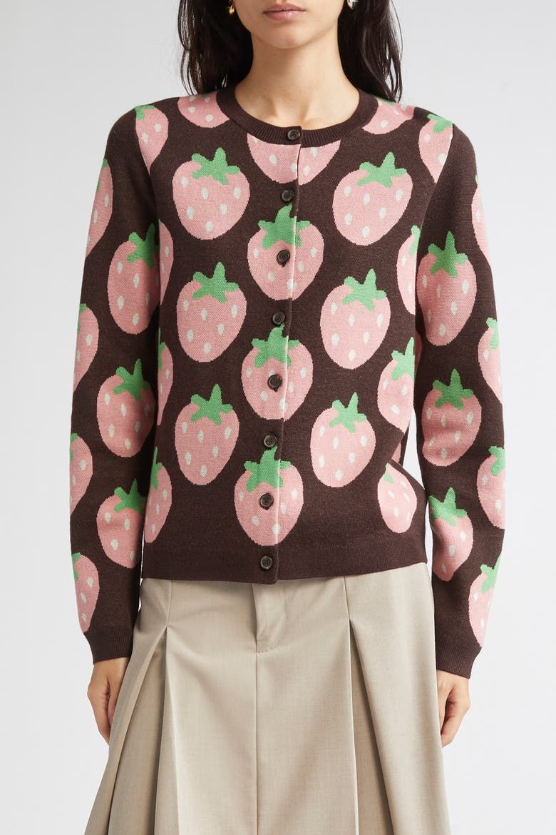 Eddie Strawberry Jacquard Merino Wool Cardigan