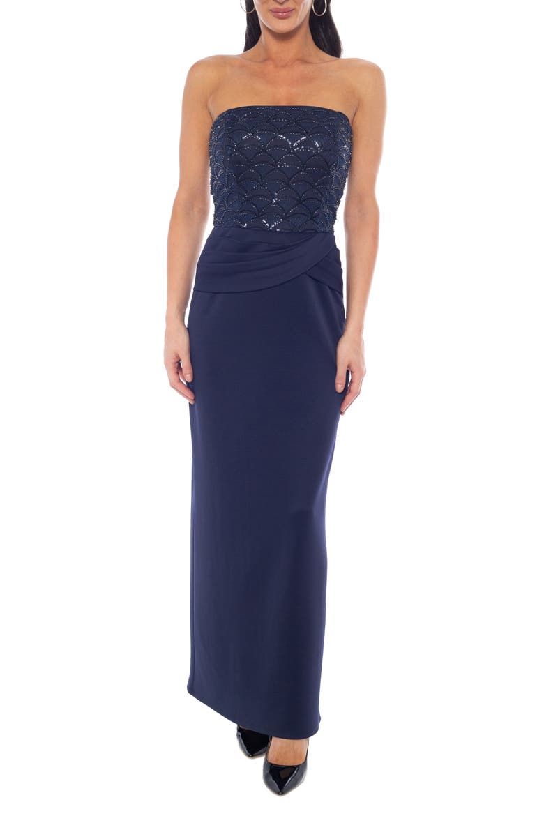 Strapless Scallop Bead Mesh Gown