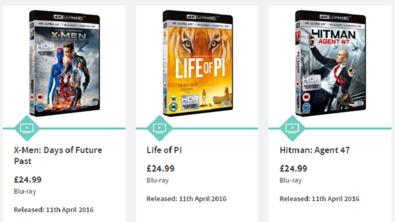 Pre-order listings for X-Men: Days of Future Past, Life of Pi and Hitman: Agent 47 on 4K Blu-ray