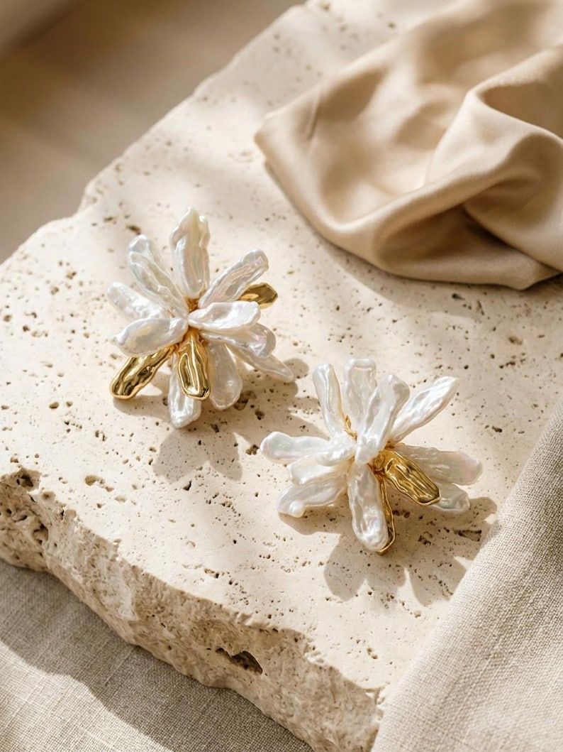 Baroque Pearl Flower Earrings, Organic Freshwater Pearl Studs, 18k Gold Plated
