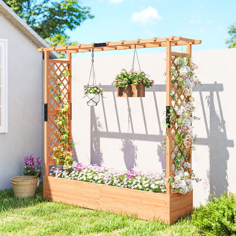 Arlmont &amp;amp; Co. Raised Garden Bed With Trellis, Wooden Planter Box With Hanging Roof and Drainage Holes, Outdoor Trellis Planter for Climbing Plants, Vegetables, Herbs and Flowers, 77.2" X 17.3" X 71.3" | Wayfair