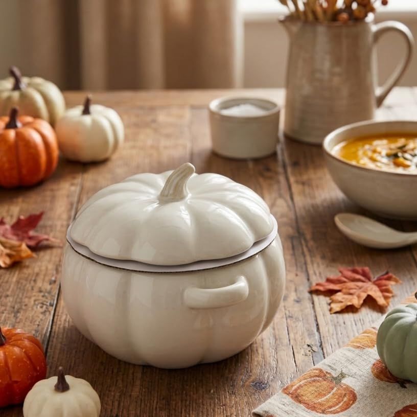 Creamy White Pumpkin-Shaped Lidded Ceramic Serving Bowl, Elegant Autumn Harvest Soup Bowl With Lid for Soup, Stews, Casseroles, Side Dishes &amp;amp; Seasonal Table D&amp;eacute;cor-M81