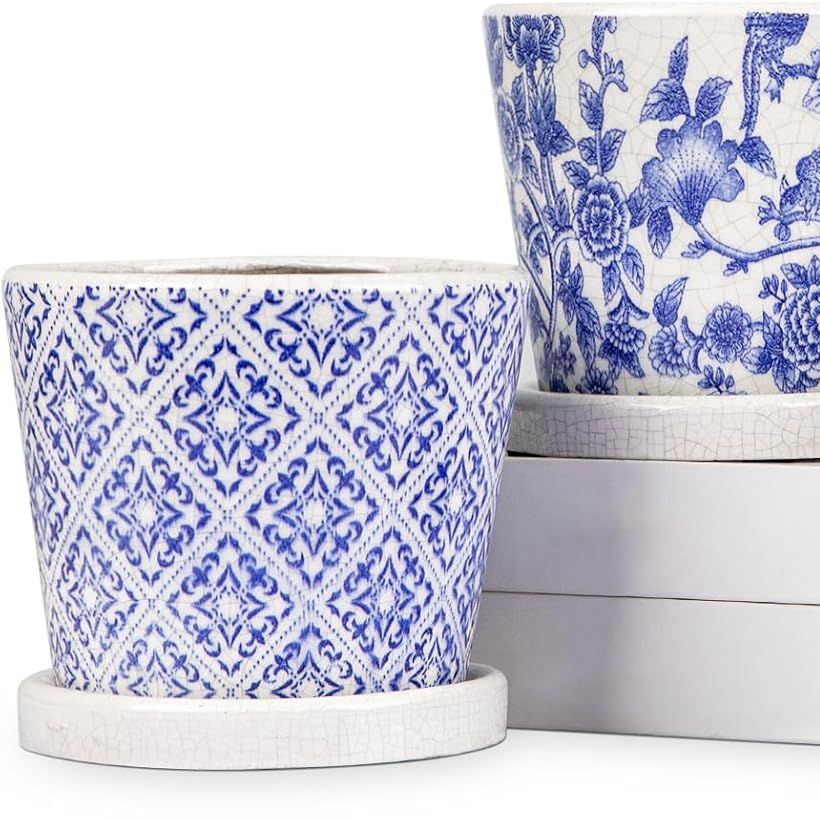 Set of 3 Decorative Plant Pots Blue and White Flower Pot, Round Ceramic Planters for Indoor Plants Pots With Drainage Hole Saucers, Retro Planter Pot for Succulents Cactus Outdoor Garden, 5.5/5.7 Inch