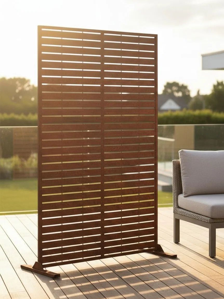 a brown slatted panel on a deck