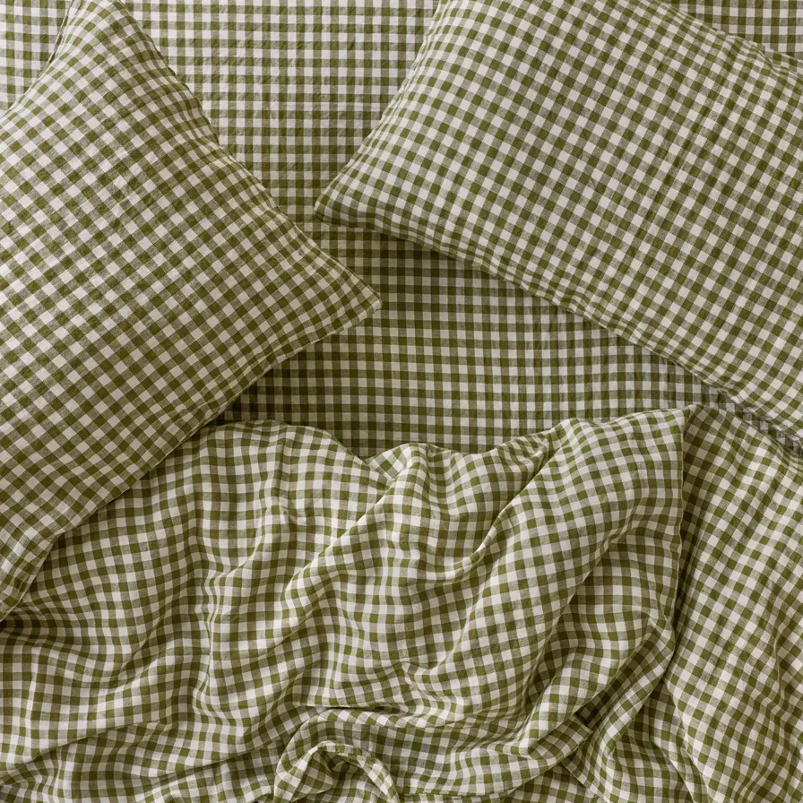 Piglet in Bed, Botanical Green Gingham 100% Linen Fitted Sheet