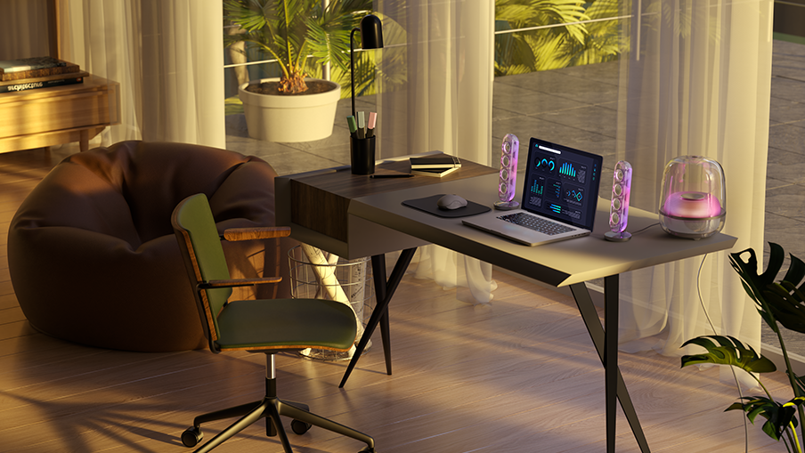 The Harman Kardon Soundsticks 5 Wifi pictured on a desk