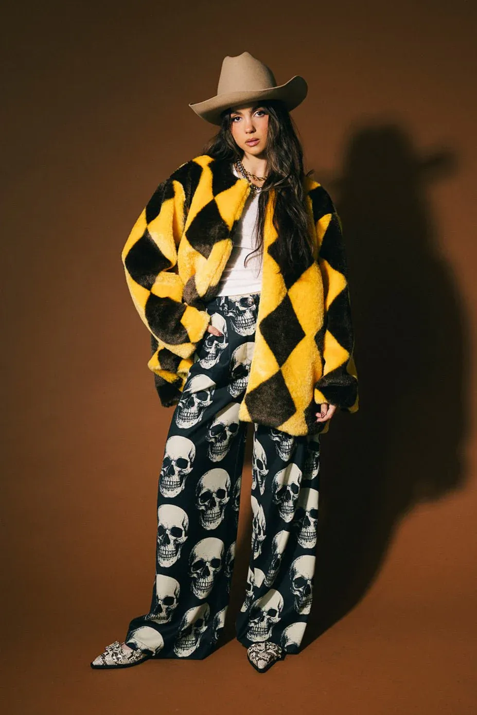 Lala, Cosmos Faux Fur Coat in Yellow + Brown