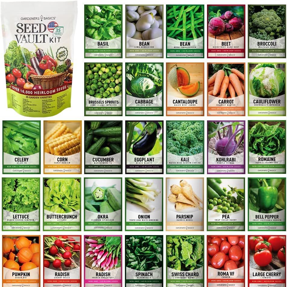 Gardeners Basics Survival Vegetable Seeds Garden Kit Over 16,000 Seeds Non-Gmo and Heirloom, Great for Emergency Bugout Survival Gear 35 Varieties Seeds for Planting Vegetables 35 Free Plant Markers